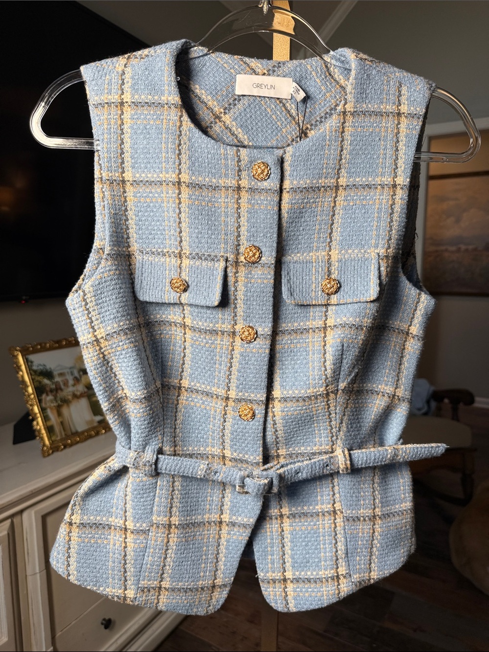 Greylin Blue and Cream Plaid Tweed Belted Vest